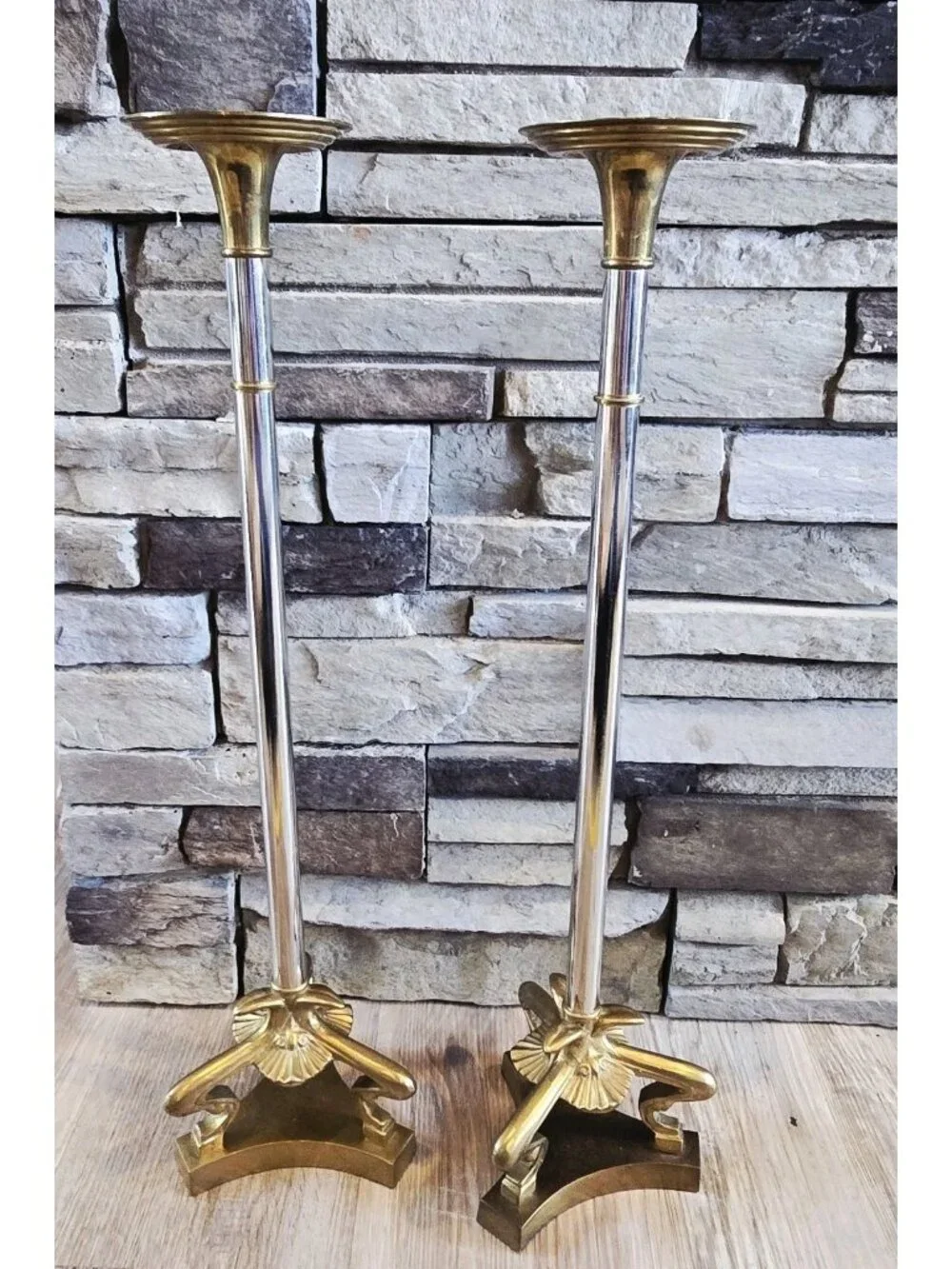 2 Art Nouveau Large Candlesticks Candle Holders Two Tone Brass & Silver 22
